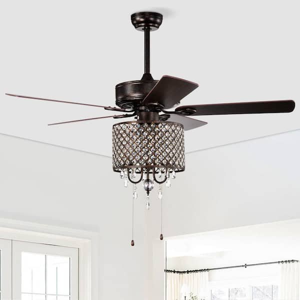 Lasaideal 52 in. Indoor Down rod Mount Crystal Bronze Ceiling Fan with Light Kit and Pull Chain