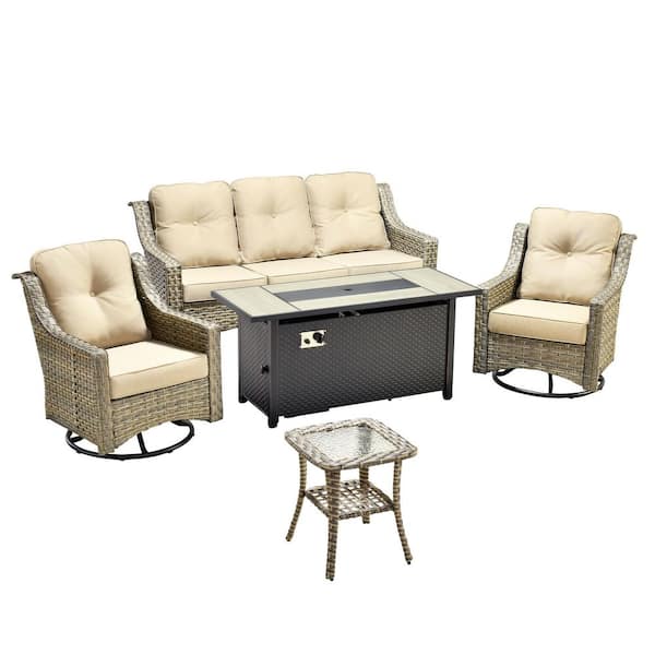 Cherry 5-Piece Wicker Outdoor Fire Pit Furniture Patio Conversation Sofa Set with Swivel Chairs and Beige Cushions