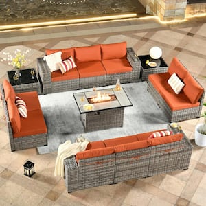 Crater Grey 13-Piece Wicker Wide-Plus Arm Outdoor Fire Pit Patio Conversation Sofa Set with Orange Red Cushions