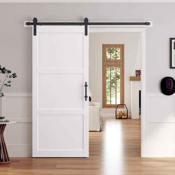 36 in. x 84 in. 3-Panel White Finished Solid MDF Core Interior Sliding Barn Door with Hardware Kit