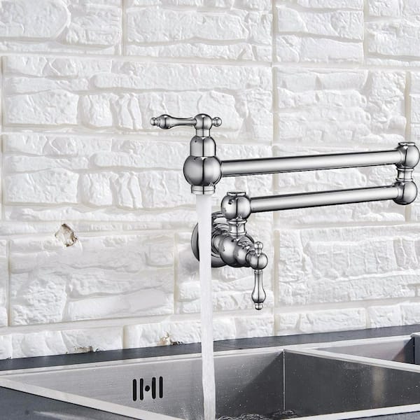 Magic Home 2-Handle Wall Mounted Pot Filler Faucet with Level Handle in Brushed Chrome