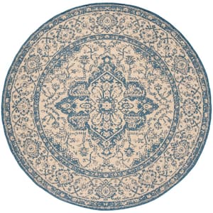 Beach House Cream/Blue 4 ft. x 4 ft. Border Floral Indoor/Outdoor Patio  Round Area Rug