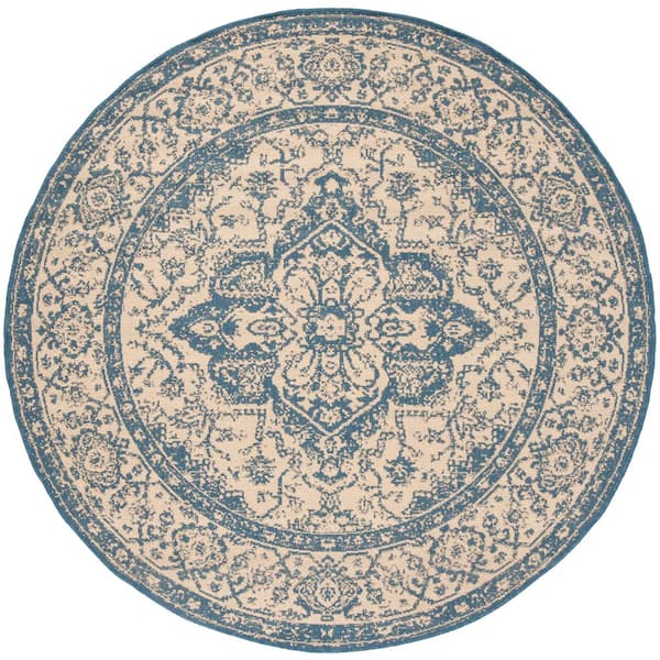 SAFAVIEH Beach House Cream/Blue 8 ft. x 8 ft. Border Floral Indoor/Outdoor Patio  Round Area Rug