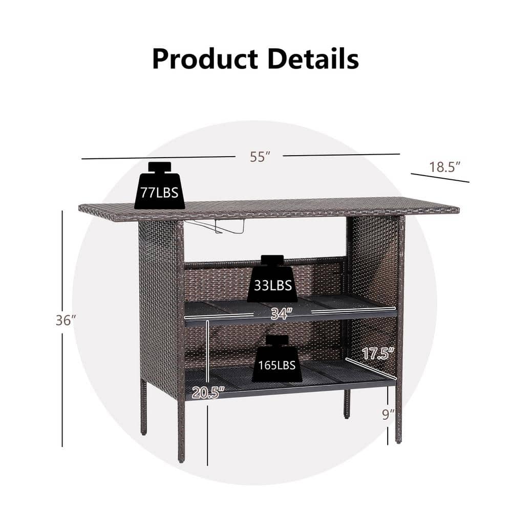 Brown Steel and Wicker Outdoor Bar Table with Shelves