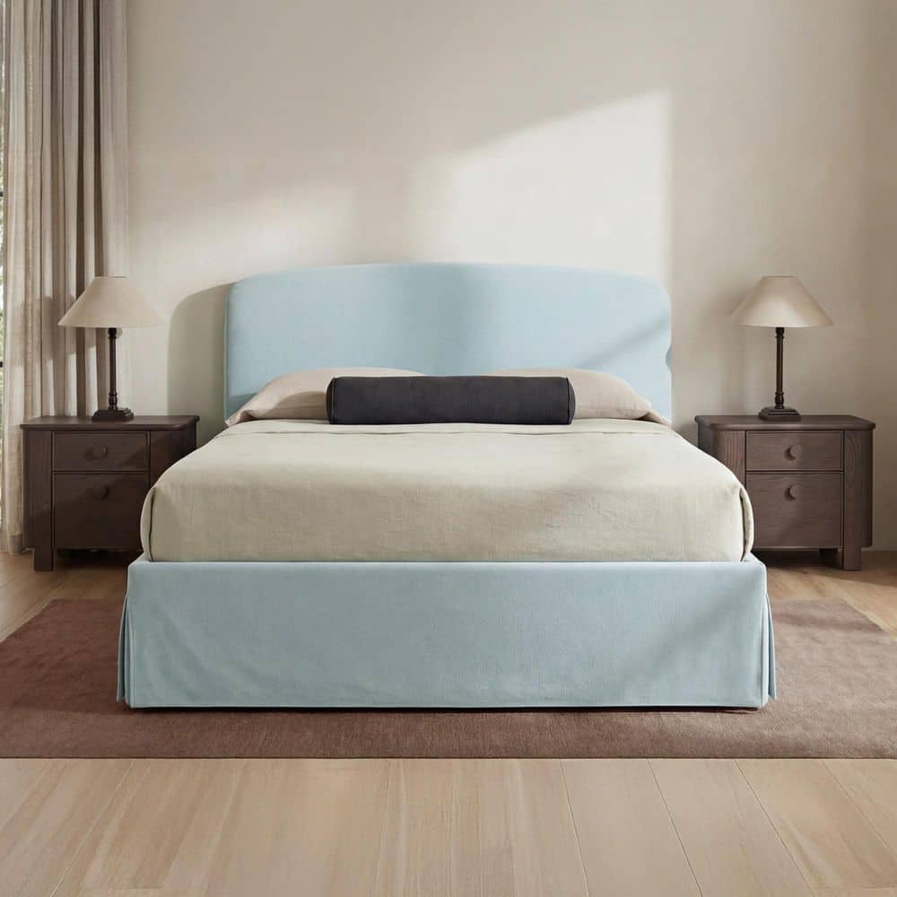 Prescott Blue Wood Frame King Platform Bed with Hydraulic Lift Storage and Removable Slipcover