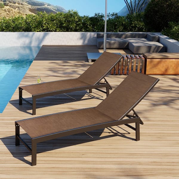 Pellebant Full Flat 2-Piece Aluminum Adjustable Outdoor Chaise Lounge in Brown