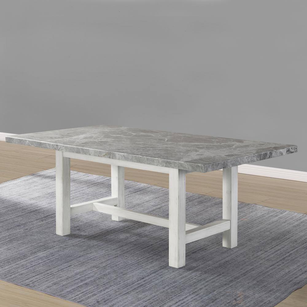 Gray Marble Top Rectangular Dining Table with White Wood Base