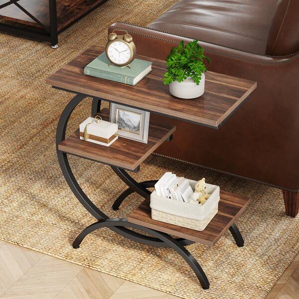 Kerlin 23.6 in. Brown C-Shaped End Table, 3-Tier Side Table with Shelves
