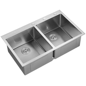 Stainless Steel 36-in. 50/50 Double Bowl Drop-in or Undermount Kitchen Sink with Thick Deck and Grids, DD3622R