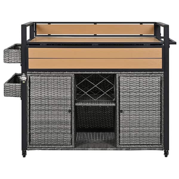 Moveable Gray Wicker Outdoor Grill Cart with Extended Plastic Wood Table Top, Double Handle Design