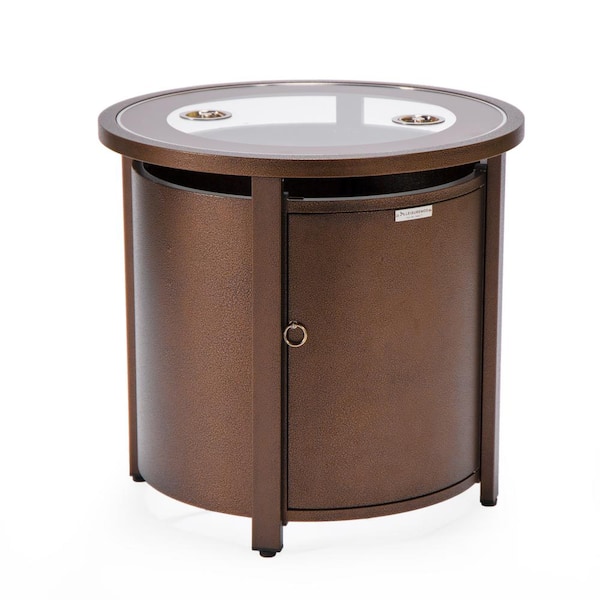 Leisuremod Walbrooke Brown Modern Round Tank Holder Table with Tempered Glass Top and Powder Coated Aluminum for Patio