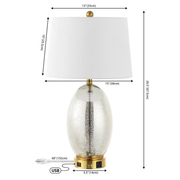 Jonathan Y Reese 26.5 in. 1-Outlet Contemporary Style Iron/Glass LED Table Lamp with USB Charging Port, Silver/Brass Gold