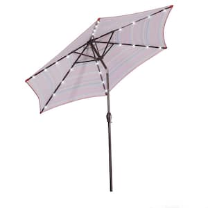 8.7 ft. Red striped Round Market Table Umbrella with Push Button Tilt and Crank With 24 LED Lights