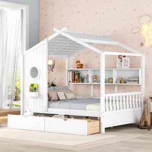 White Wood Full Size House Bed with 2 Under-bed Drawers, Storage Shelves and Shelf Compartment
