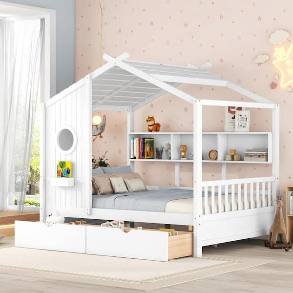 Harper & Bright Designs White Wood Full Size House Bed with 2 Under-bed Drawers, Storage Shelves and Shelf Compartment