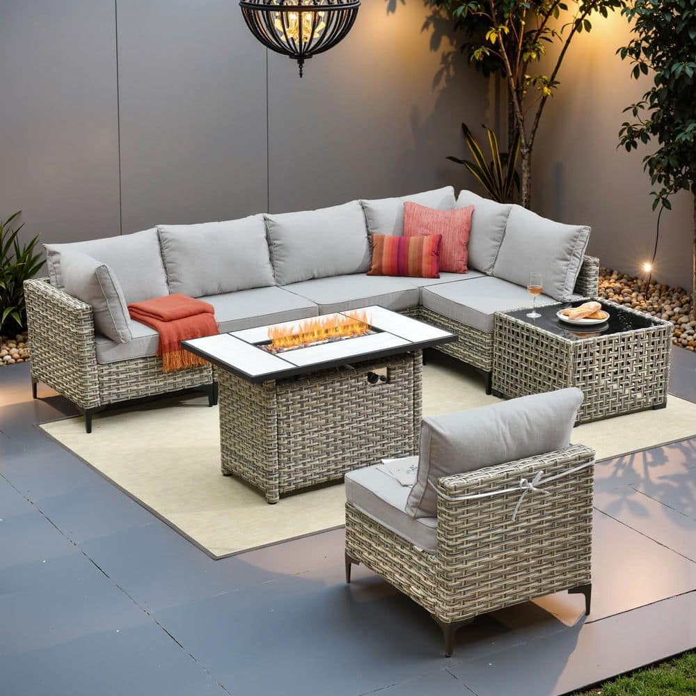 Coralia Gray 8-Piece Outdoor Wicker Patio Conversation Sets With Fire Pit, Light Gray Cushion & Lighted Coffee Table