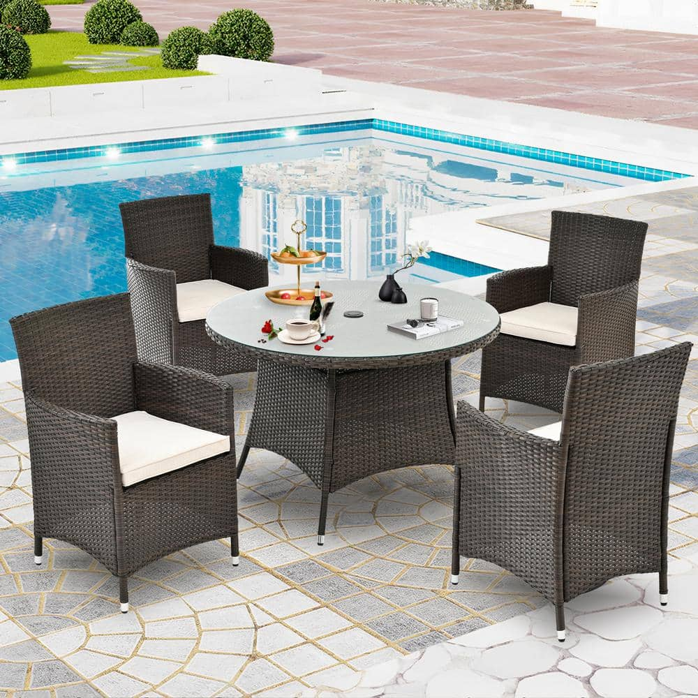 5-Piece All-Weather Wicker Outdoor Dining Set with Beige Cushion and Round Dining Table -  Zeus & Ruta, HID5PBE4332