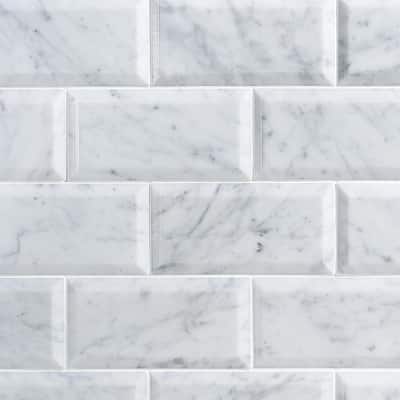 White Carrara Beveled 3 in. x 6 in. x 9mm Polished Marble Subway Tile (40 pieces / 5 sq. ft. / box)