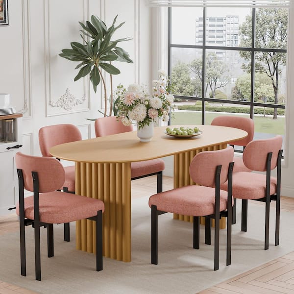 7-Pieces Oval Natural Wooden Top Dining Table Set 6-Seats with Metal Frame, Orange Fabric Cushion Wing Back Chair