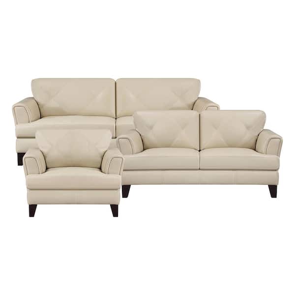 Lazzara Marie 88 in. W Straight Arm Leather Rectangle 3-Piece Living Room Sofa Set in Cream
