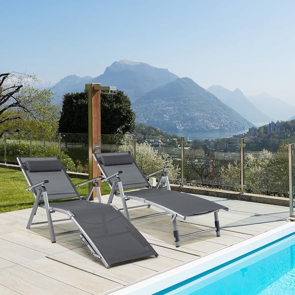 2-Piece Patio Lounge Chair Rustproof Aluminum Folding Chaise with Adjustable Backrest and Footrest
