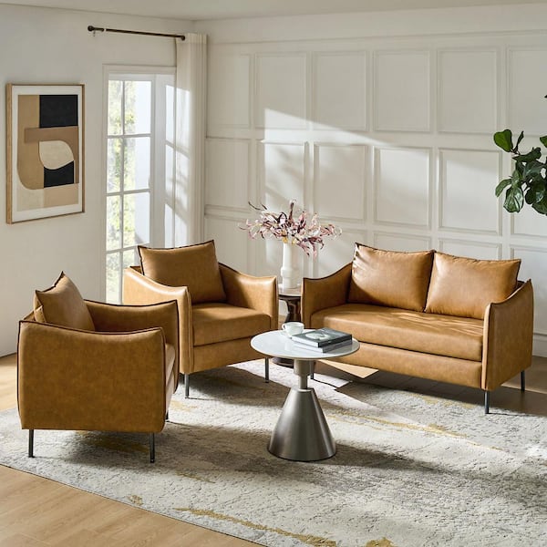 Wythe 3-Piece Camel Faux Leather Industrial Style Living Room Set