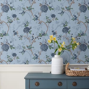 Traditional Bird Blue Non-Pasted Wallpaper Roll (covers approx. 52 sq. ft.)