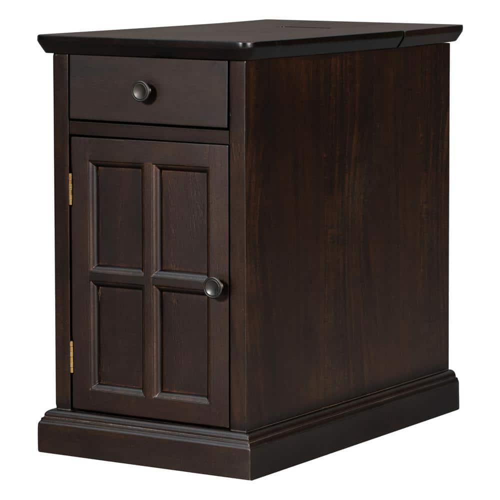 14 in. Antique Brown Rectangle Solid Wood End Table Side Table with USB Ports, Drawer, Cup Holders, No Assembly Need - thumbnail 5