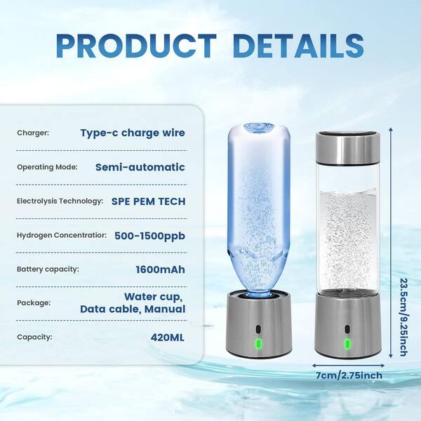 Hydrogen Water Bottle Generator 2024 - SPE PEM Technology For Hydrogen Rich Water In 3 Minutes | Silver