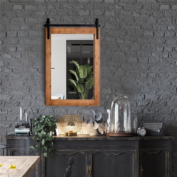 22 in. W x 30 in. H Rectangular Framed Wall Mount Bathroom Vanity Mirror Wood Frame Barn Door Style Brown