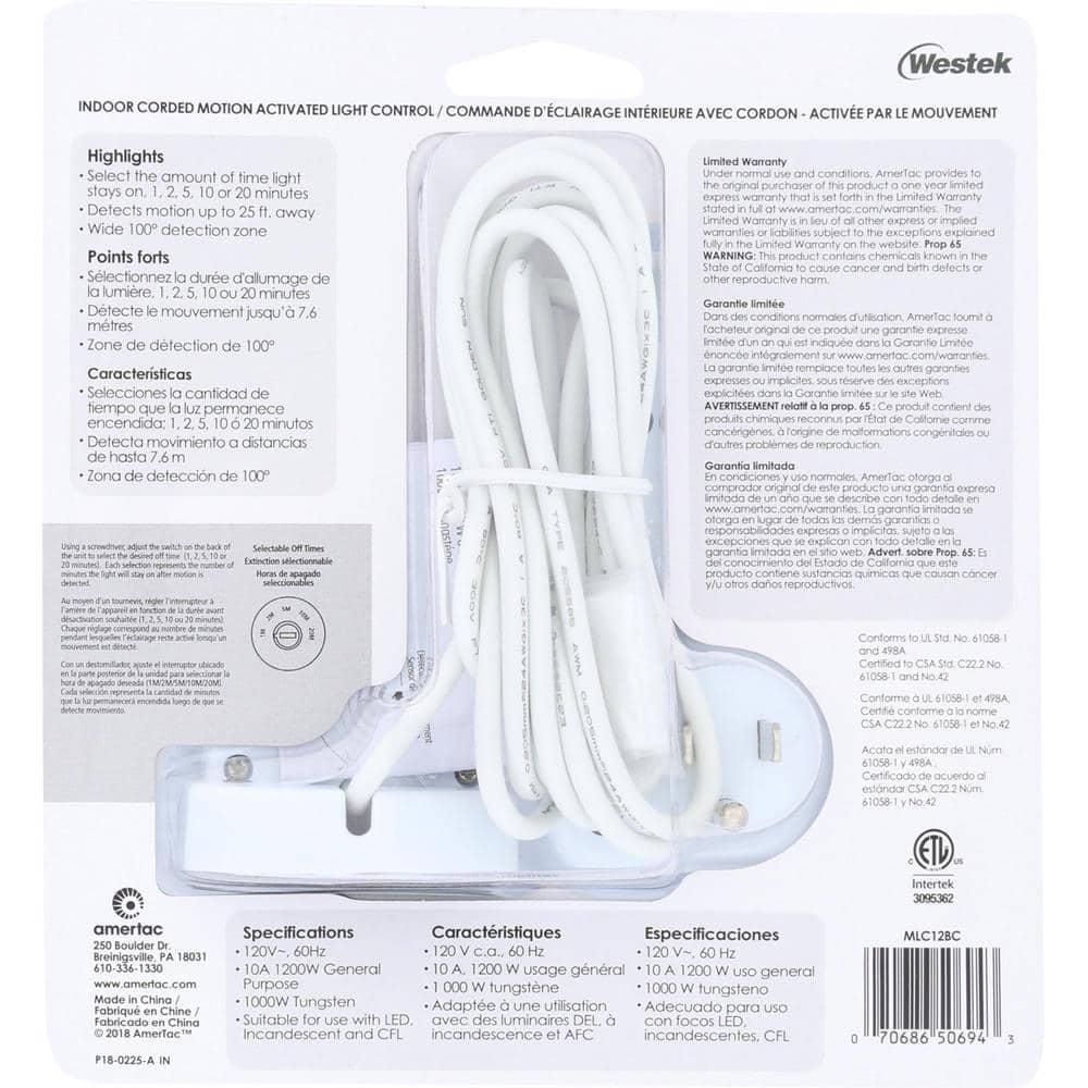 White Indoor Motion Activated Light Control with 6-Foot Cord