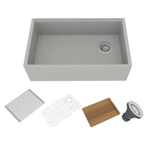 30 in. Farmhouse/Apron-Front Single Bowl Taupe Clay Cement Kitchen Sink with Drain Grid, Drain, Board, Roll-Up Rack