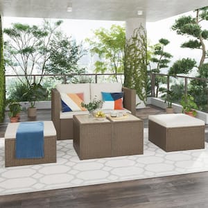 Outdoor Brown 6-Piece Wicker Patio Conversation Set with Beige Cushions