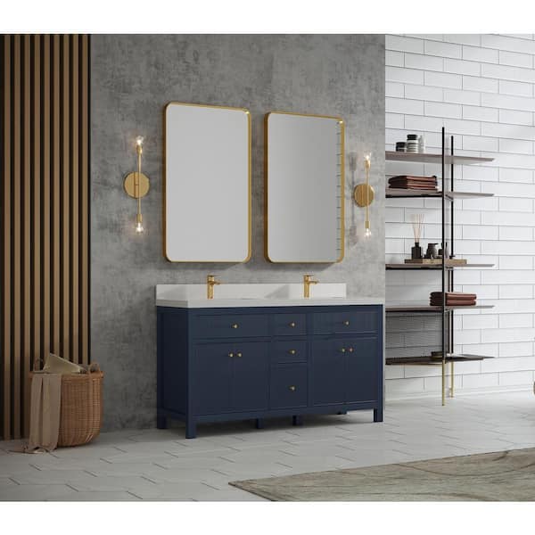 60in Deep Blue And Gold Dual Sink Bathroom Vanity