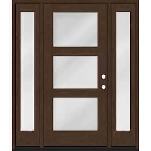 Regency 64" x 80" Modern 3 Lite Equal Clear Glass LHIS Hickory Mahogany Fiberglass Prehung Front Door w/Dbl 12" SL