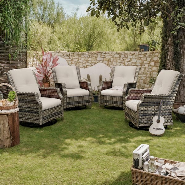 Outdoor Patio Wicker Swivel Lounge Chair with Beige Cushions (4-Pack)