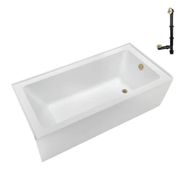 Streamline 66 in. x 32 in. Soaking Acrylic Alcove Bathtub with Right Drain in Glossy White, External Drain in Polished Brass