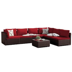 7-Piece Wicker Patio Conversation Seating Set with Cherry Red Cushions and Coffee Table