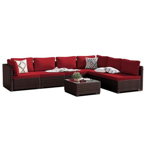 PATIOGUARDER 7-Piece Wicker Patio Conversation Seating Set with Cherry Red Cushions and Coffee Table