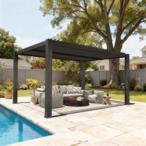 Sizzim 10 ft. x 12 ft. Black Metal Pergola with Adjustable