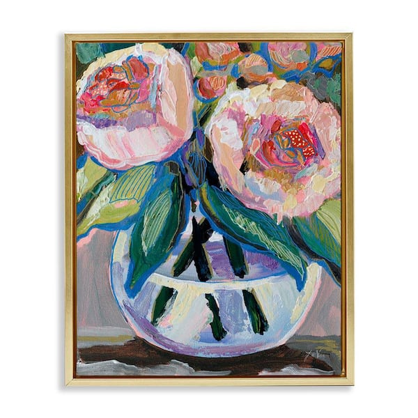 Stupell Industries Gifted Pink Peonies by Jeanette Vertentes Gold Floater Frame Nature Graphic Art Print 31 in. x 25 in.
