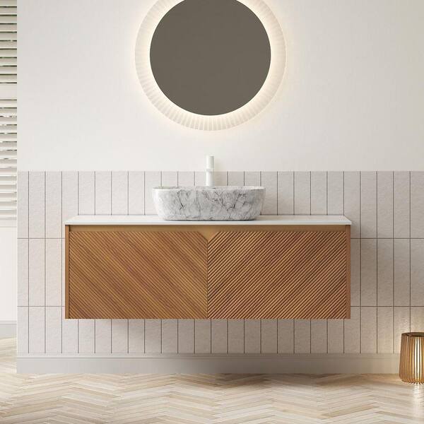 TCYO 48 in. Wall-Mounted Oak Bath Vanity with Carrara White Sintered ...