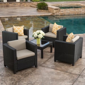 4-Piece Brown Wicker Outdoor Lounge Chair with Beige Cushions