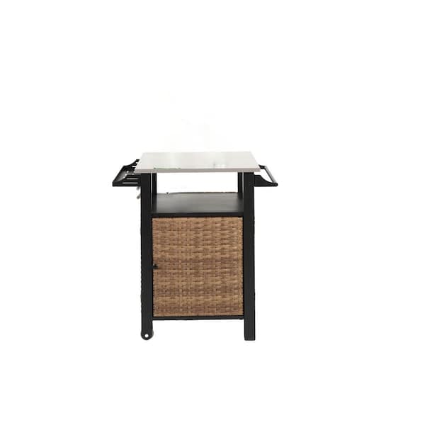 Otryad Single Door Bar Cart, Outdoor Kitchen Wicker Island Rolling Cart and Storage Cabinet