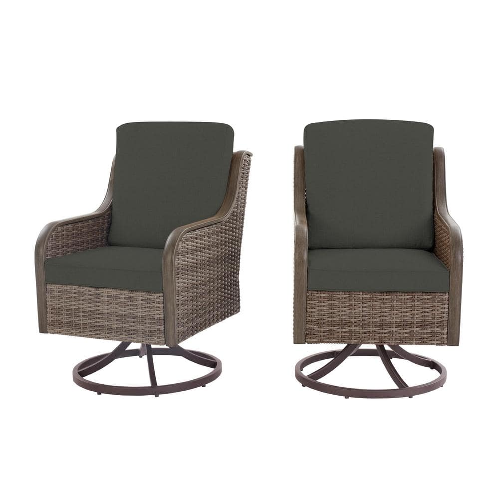 Windsor Brown Wicker Outdoor Patio Swivel Dining Chair with CushionGuard Graphite Dark Gray Cushions (2-Pack) -  Hampton Bay, H196-01429300