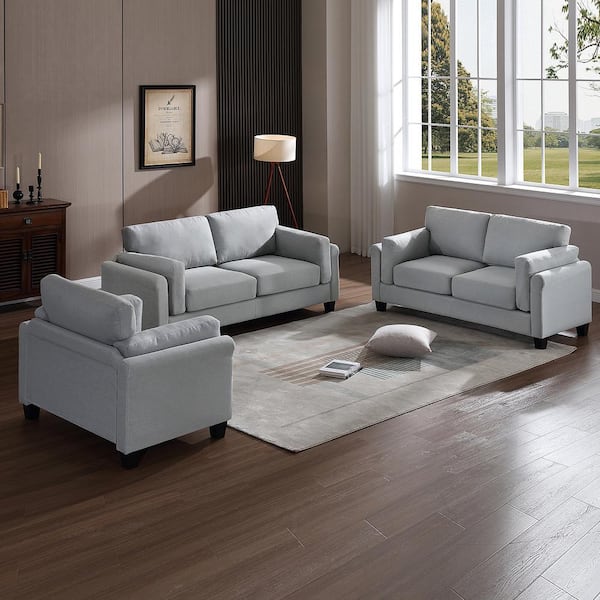 Morden Fort Morden Sofa Couch 3-Piece Grey Linen-Like Living Room Set with Thick Cushion for Home and Office