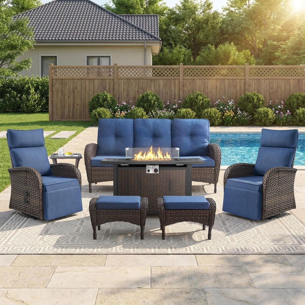 Carlos Brown 7-Piece Wicker Patio Fire Pit Conversation Sofa Set Outdoor 360° Swivel Recliner Chair with Blue Cushions price history on PriceWatchPro