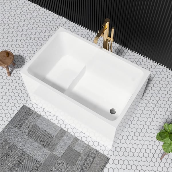 43 in. x 28 in. Acrylic Freestanding Bathtub with Seat Rectangle Shape Soaking Bathtub in Glossy White CUPC Certificate