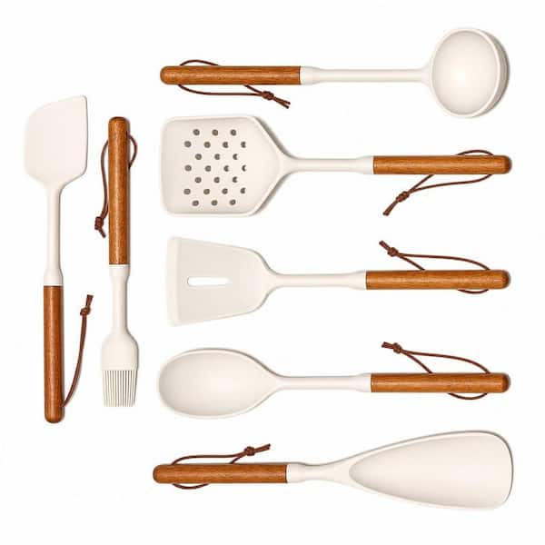 Food-Grade Silicone Kitchen Utensils Set with Silicone-Wood Handle, Spatula, Spoon, Non-Toxic and Heat-Resistant, White