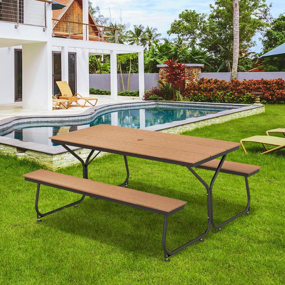 6FT Brown HDPE and Metal Outdoor Picnic Table Bench Set
